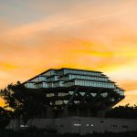 Geisel Library building at sunset