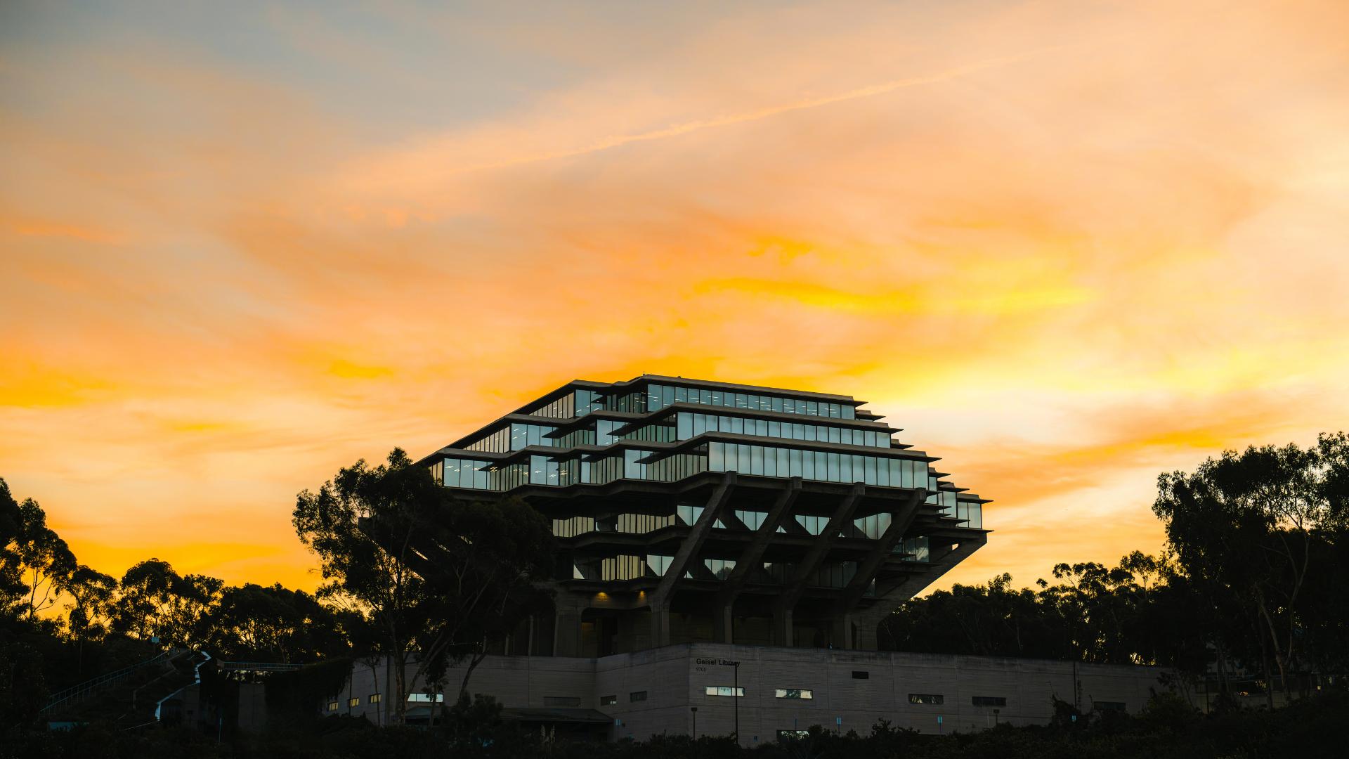 Geisel Library building at sunset