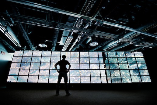 Photo of the HIPerSpace wall, an ultra-scale visualization environment.