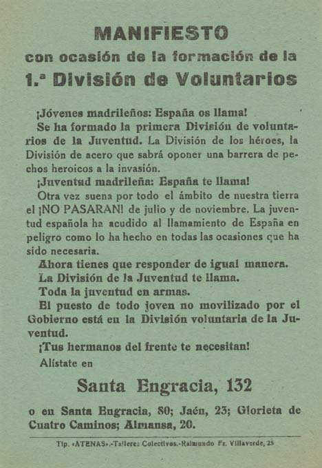 Manifiesto con ocasión de la formación de la 1.a División de Voluntarios