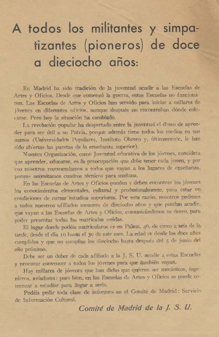 A todos los militantes y simpatizantes (pioneros) de doce a dieciocho años: